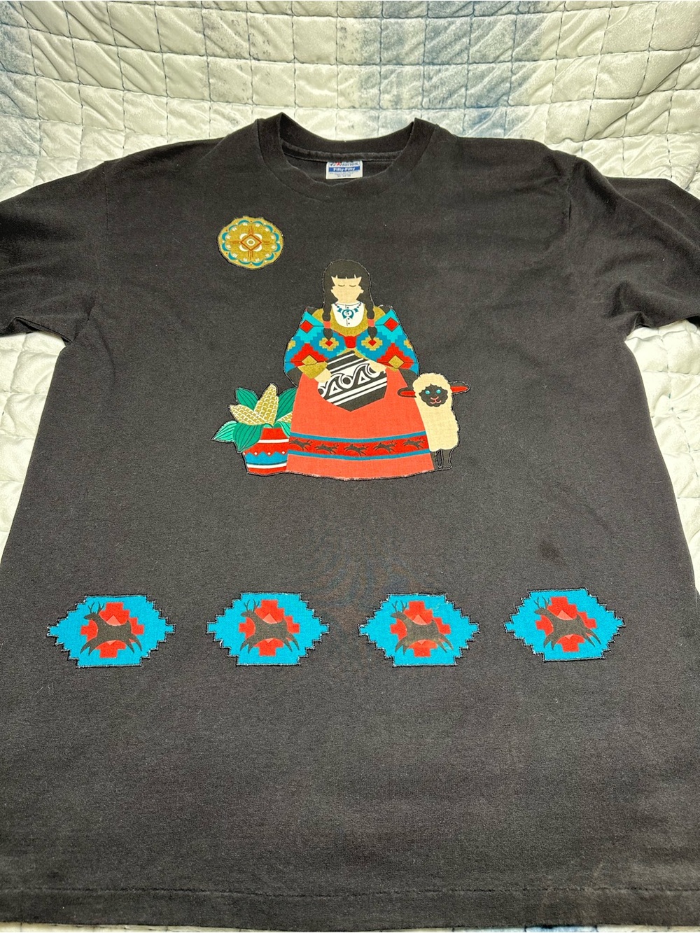 Black Graphic women’s T-Shirt with Colorful Folk Art appliqué